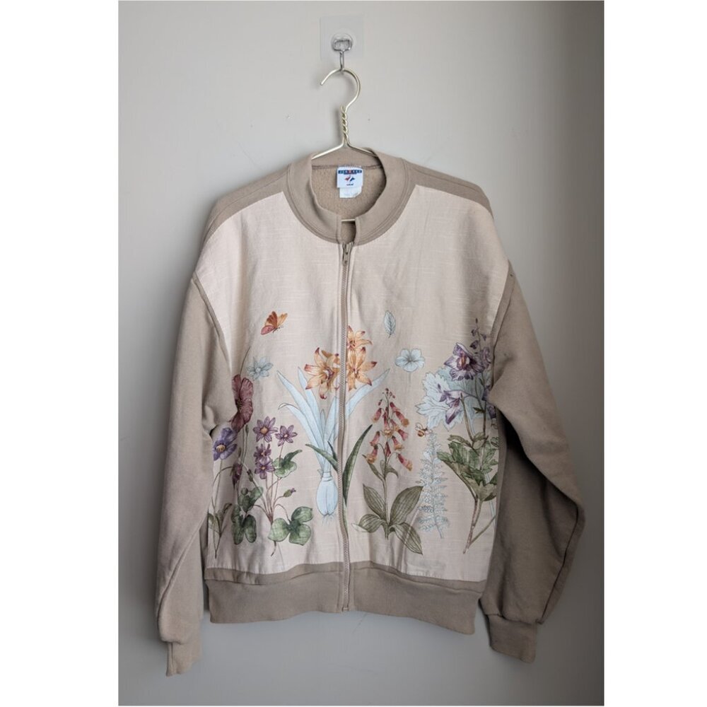 Vintage Jerzees Tan Floral Zip Up With Hidden Pockets Sweater Large - Picture 11 of 12